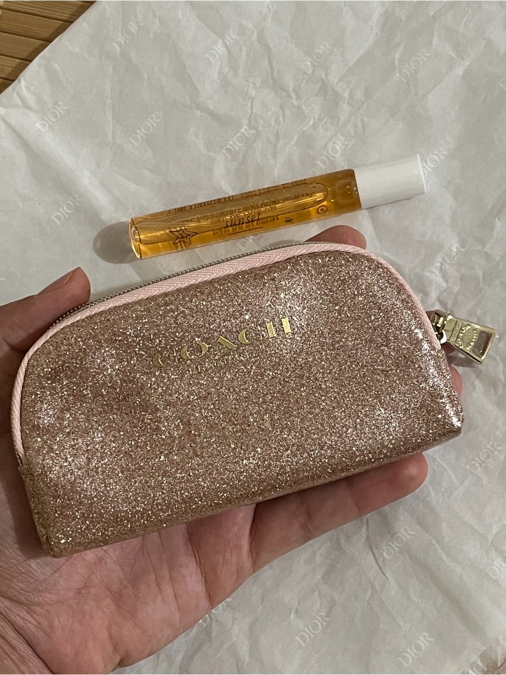 COACH Rose Gold Glitter Zip Cosmetic Pouch with Gold Logo - Picture 5 of 12